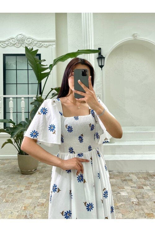 3483-MAVİ ÇİÇEK GÖĞÜSÜ GİPELİ ELBİSE