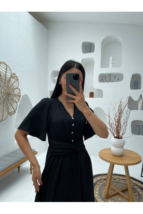 3484-SİYAH V YAKA DÜĞME DETAYLI ELBİSE