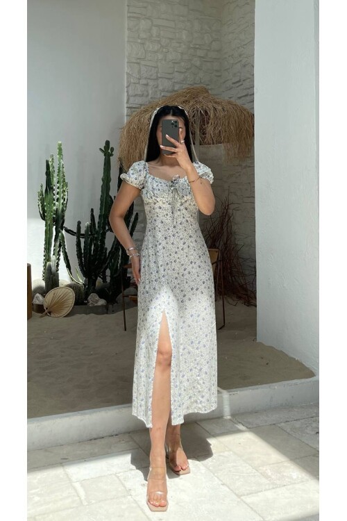 3501-ÇİÇEK DESEN ÖNDEN YIRTMAÇLI ELBİSE