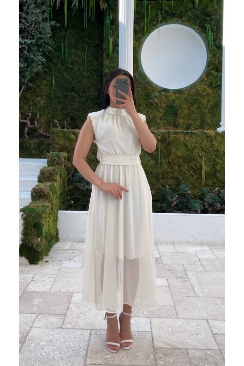 3509-BEYAZ KEMERİ TAŞ DETAYLI ŞİFON ELBİSE