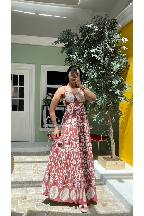 3518-PUDRA ETNİK DESEN ALTI SULU ELBİSE