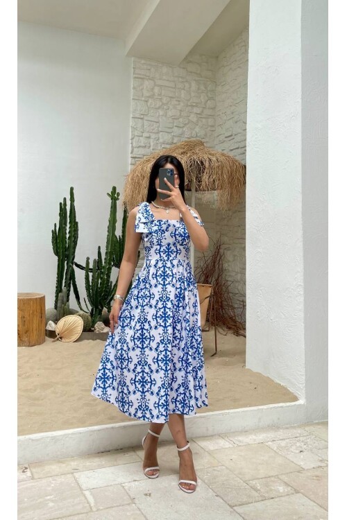 3519-ÇİÇEK DESEN MAVİ ELBİSE