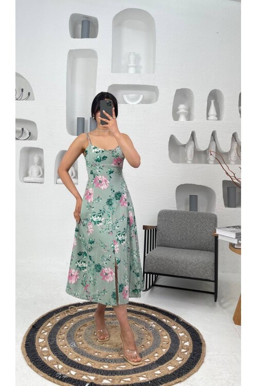 3520-ÇİÇEK DESEN SIFIR KOL ELBİSE