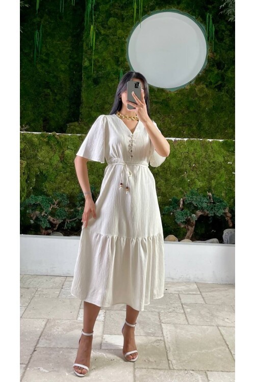 3524-BEJ YALANCI KETEN ELBİSE