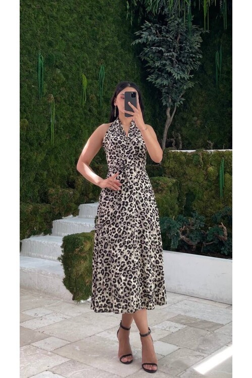 3543-BEJ LEOPAR SIRTI AÇIK ELBİSE
