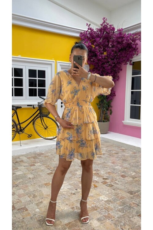 3447-SARI KAT KAT ŞİFON ELBİSE