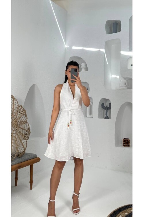 3553-SIFIR KOL FİSTO KEMERLİ ELBİSE