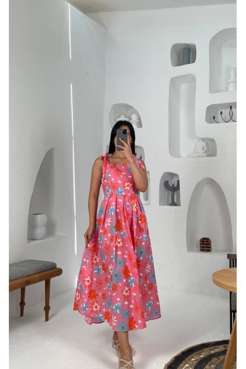 3557-PEMBE ÇİÇEK DESEN POPLİN ELBİSE