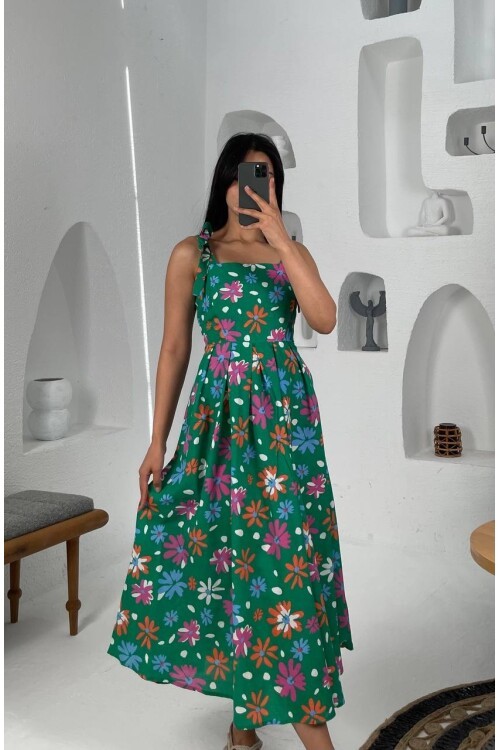 3557-YEŞİL ÇİÇEK DESEN POPLİN ELBİSE