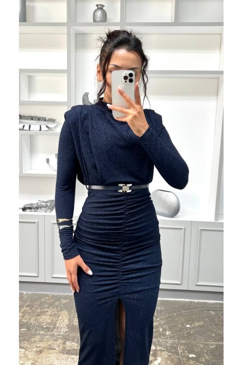 3625-LACİVERT  BALIKÇI YAKA DRAPELİ SİMLİ ELBİSE