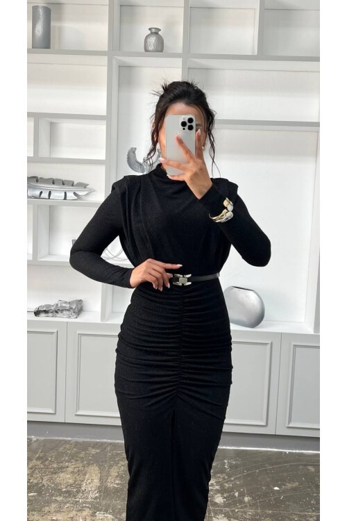 3625-SİYAH  BALIKÇI YAKA DRAPELİ SİMLİ ELBİSE