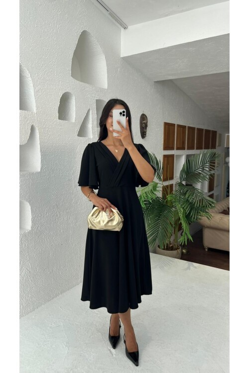 3707-SİYAH KRUVAZE YAKA KİLOŞ ELBİSE