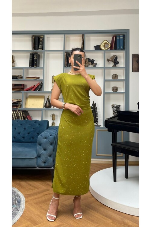 3708-OLİV TAŞLI DRAPELİ ELBİSE