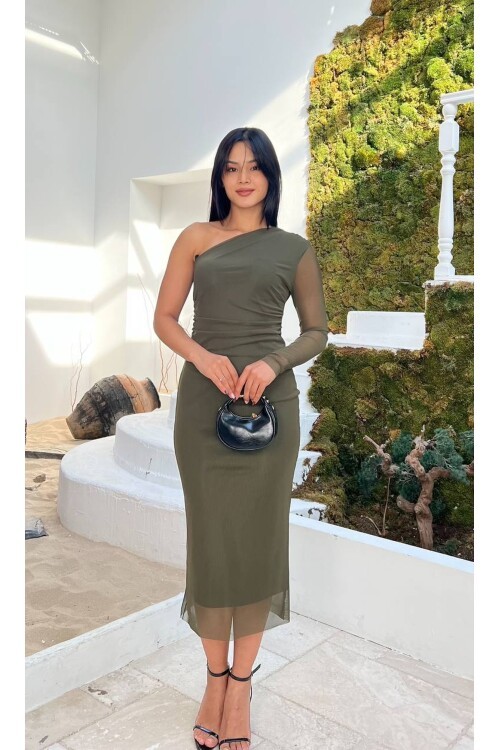 3725-HAKİ TEK OMUZ TÜL ELBİSE