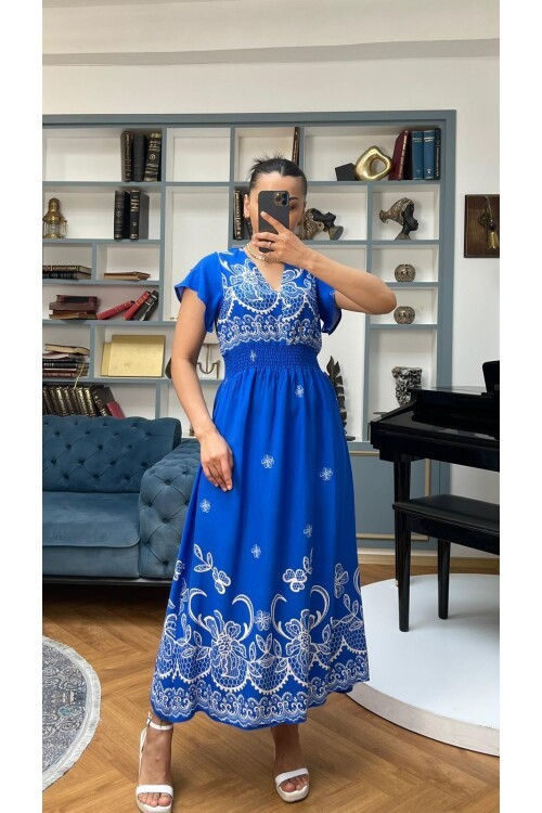 3728-MAVİ ALTI SULU GİPELİ ELBİSE
