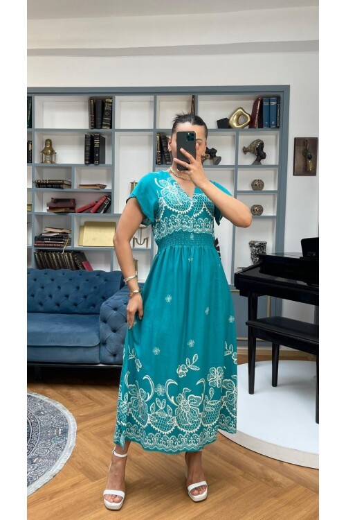 3728 YEŞİL ALTI SULU GİPELİ ELBİSE