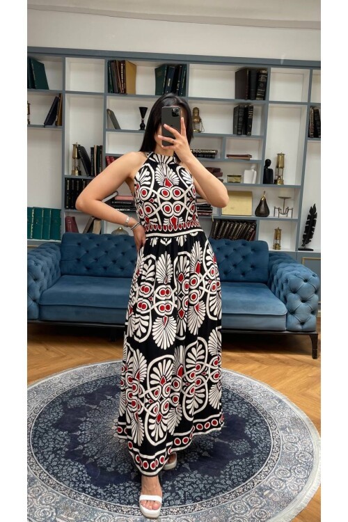 3731-SİYAH ÇEMBER VE ÇİÇEK DESEN ELBİSE