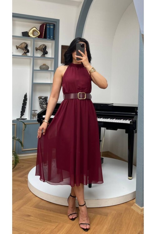 3734-BORDO SIFIR KOL KEMERLİ ELBİSE