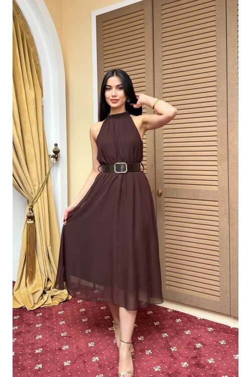 3734-KAHVE SIFIR KOL KEMERLİ ELBİSE