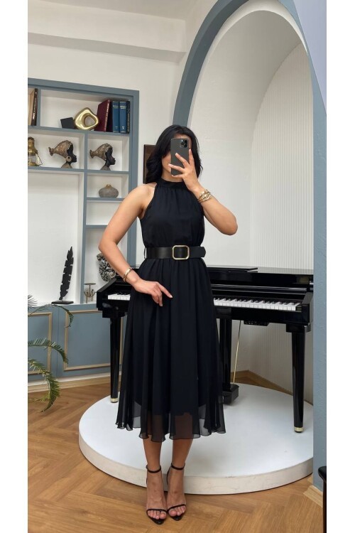 3734-SİYAH SIFIR KOL KEMERLİ ELBİSE