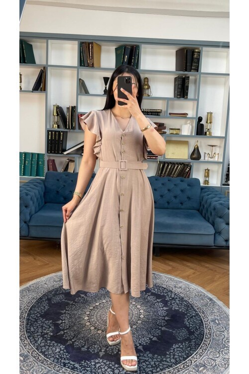 3739-BEJ FIRFIRLI KEMERLİ ELBİSE