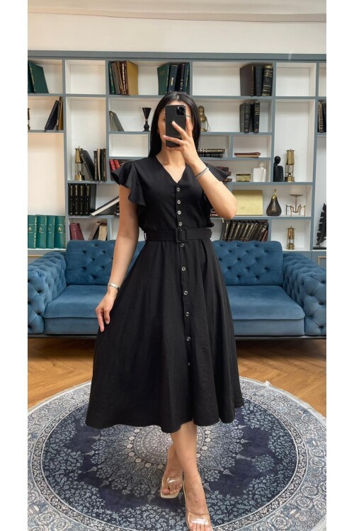 3739-SİYAH FIRFIRLI KEMERLİ ELBİSE