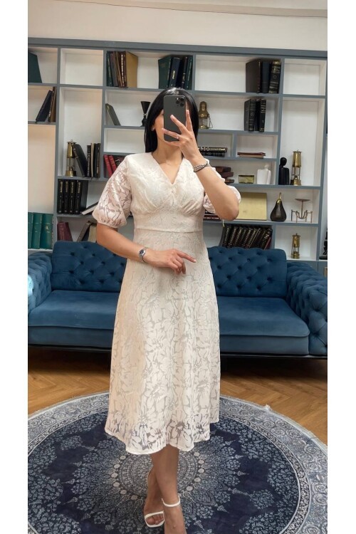 3740-TAŞ FİSTO ÇİÇEK DESEN ELBİSE