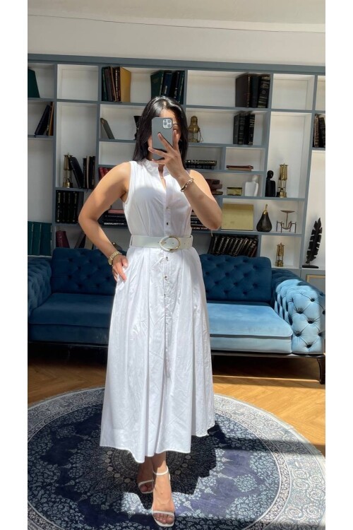 3747-BEYAZ KEMERLİ SIFIR KOL ELBİSE