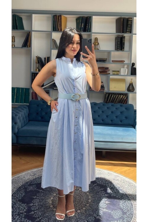 3747-MAVİ KEMERLİ SIFIR KOL ELBİSE