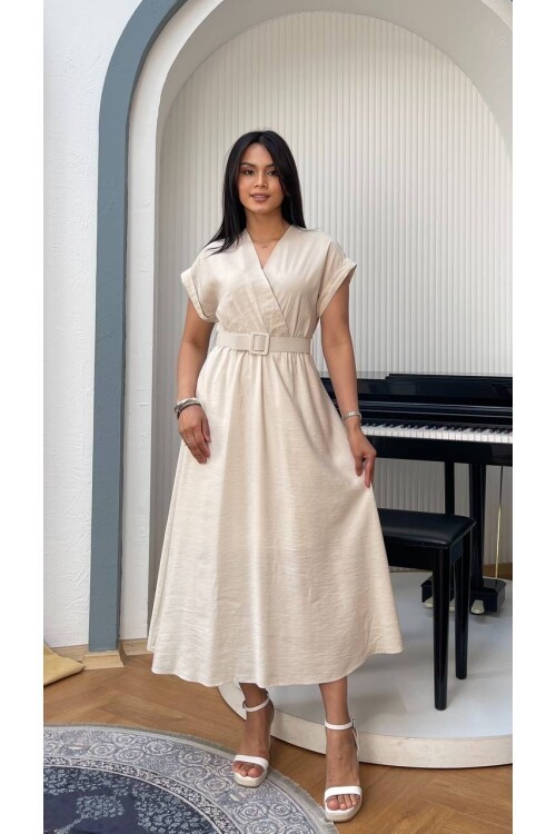 3751-BEJ KETEN ANVELOK KEMERLİ ELBİSE