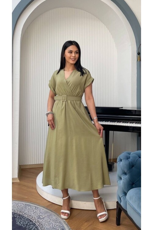 3751-HAKİ KETEN ANVELOK KEMERLİ ELBİSE