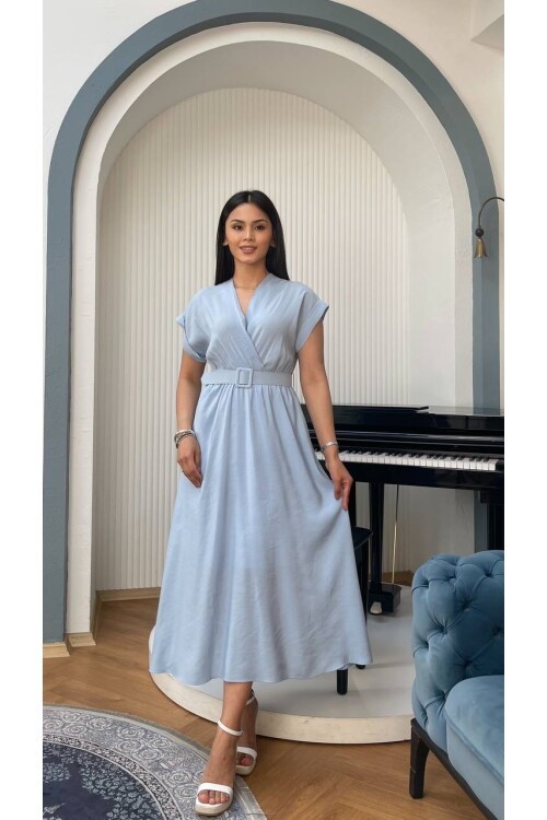 3751-MAVİ KETEN ANVELOK KEMERLİ ELBİSE