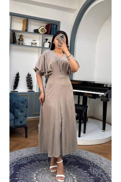 3759-GRİ BALON KOL V YAKA ELBİSE