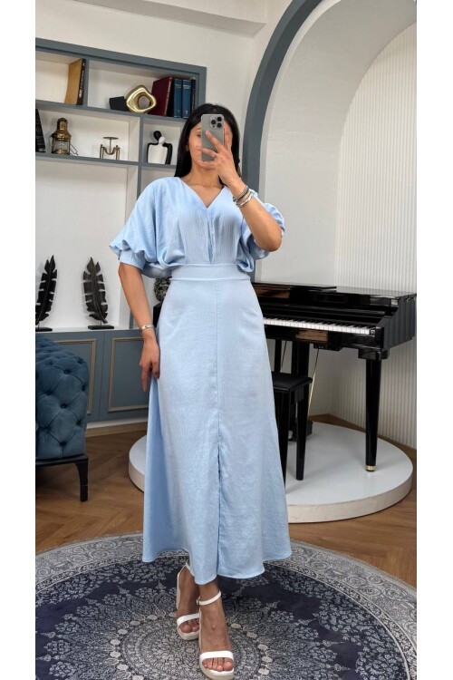 3759-MAVİ BALON KOL V YAKA ELBİSE