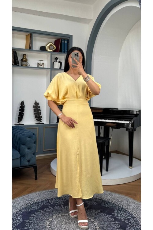 3759-SARI BALON KOL V YAKA ELBİSE