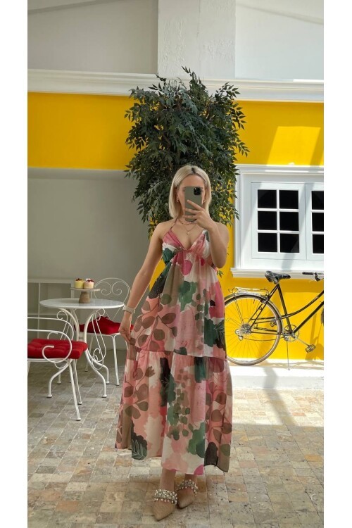 3771-PUDRA SIRT BAĞLAMALI ELBİSE