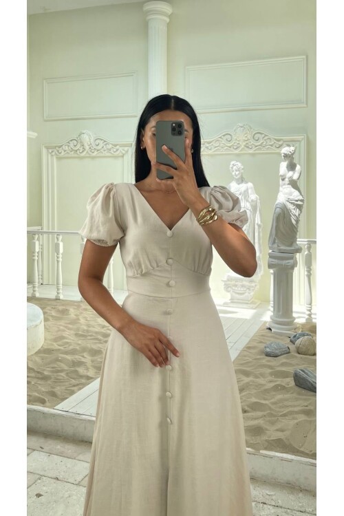 3773-BEJ KAYIK YAKA DÜĞMELİ KETEN ELBİSE