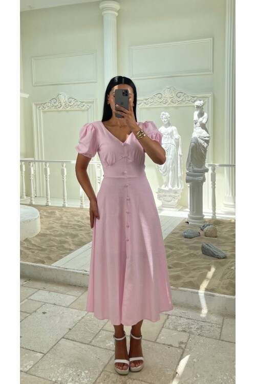 3773-PEMBE KAYIK YAKA DÜĞMELİ KETEN ELBİSE