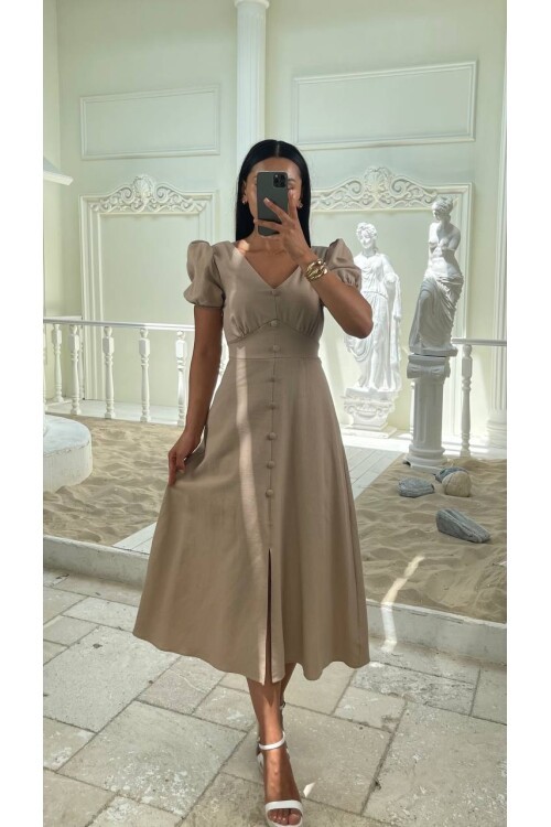 3773-VİZON KAYIK YAKA DÜĞMELİ KETEN ELBİSE