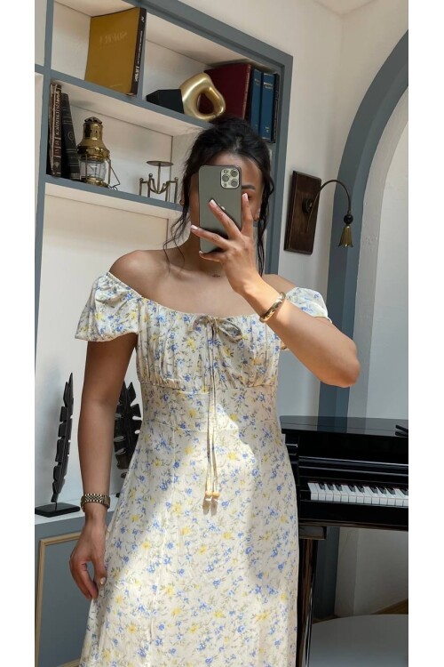 3777-SARI ÇİÇEK DESEN BONCUKLU ELBİSE