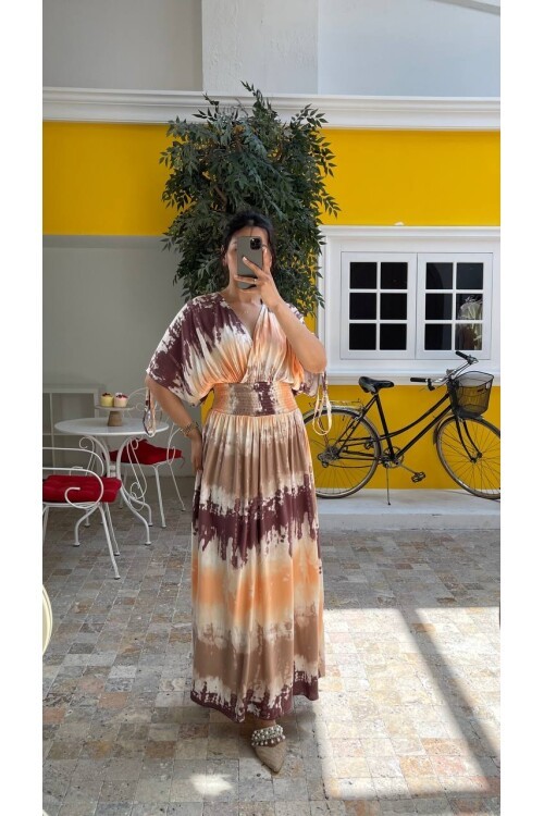 3778-ZİGZAG DESEN KOLLARI BONCUK DETAYLI ELBİSE