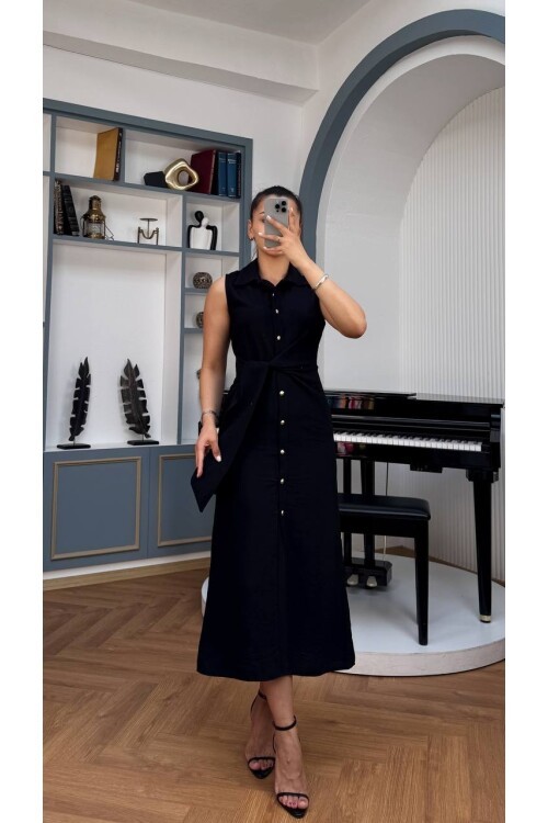 3789-SİYAH KETEN GOLD DÜĞMELİ ELBİSE