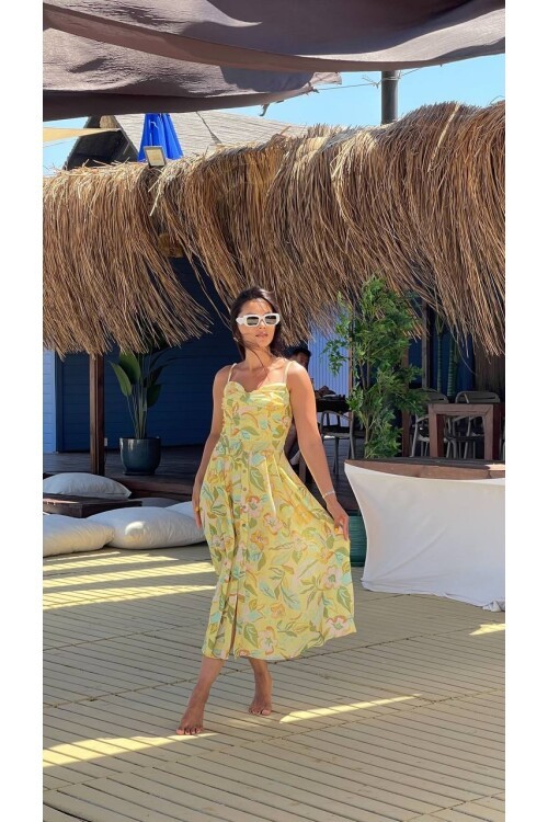 3786-SARI KETEN ÇİÇEKLİ DÜĞMELİ ELBİSE