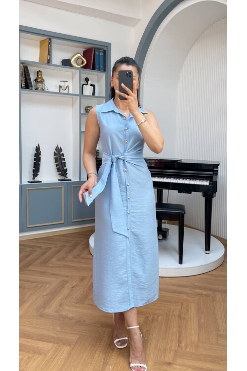 3789-MAVİ KETEN GOLD DÜĞMELİ ELBİSE