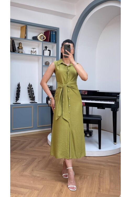 3789-OLİV KETEN GOLD DÜĞMELİ ELBİSE