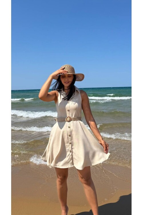3793-BEJ HASIR KEMERLİ KISA ELBİSE