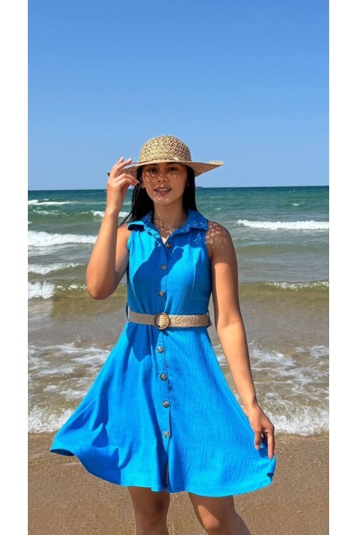 3793-MAVİ HASIR KEMERLİ KISA ELBİSE