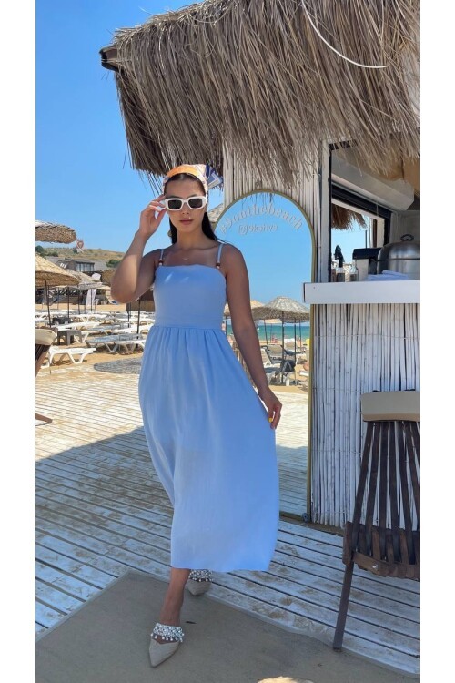 3796-MAVİ ASKILI KARE YAKA KETEN ELBİSE