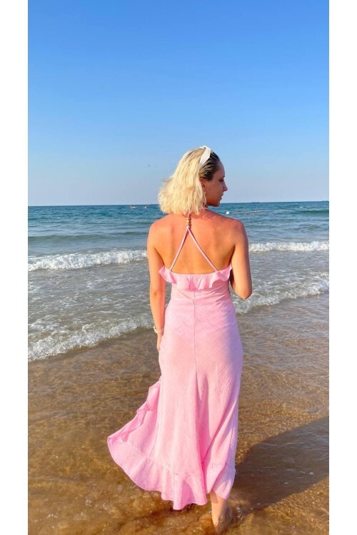 3802-PEMBE YIRTMAÇ FIRFIR DETAY ELBİSE