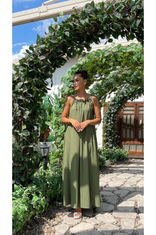 3807-HAKİ HALTER YAKA KRİNKIL KUMAŞ ELBİSE